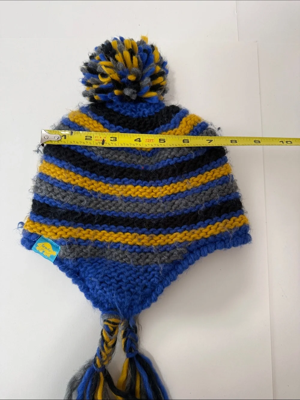 Turtle fur -Striped Knit Pom Earflap Hat for Kids — Blue, Yellow & Gray